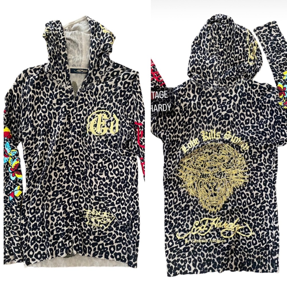 Ed hardy Y2K vintage animal print zip front hood rhinestone embroidery 90’s RARE